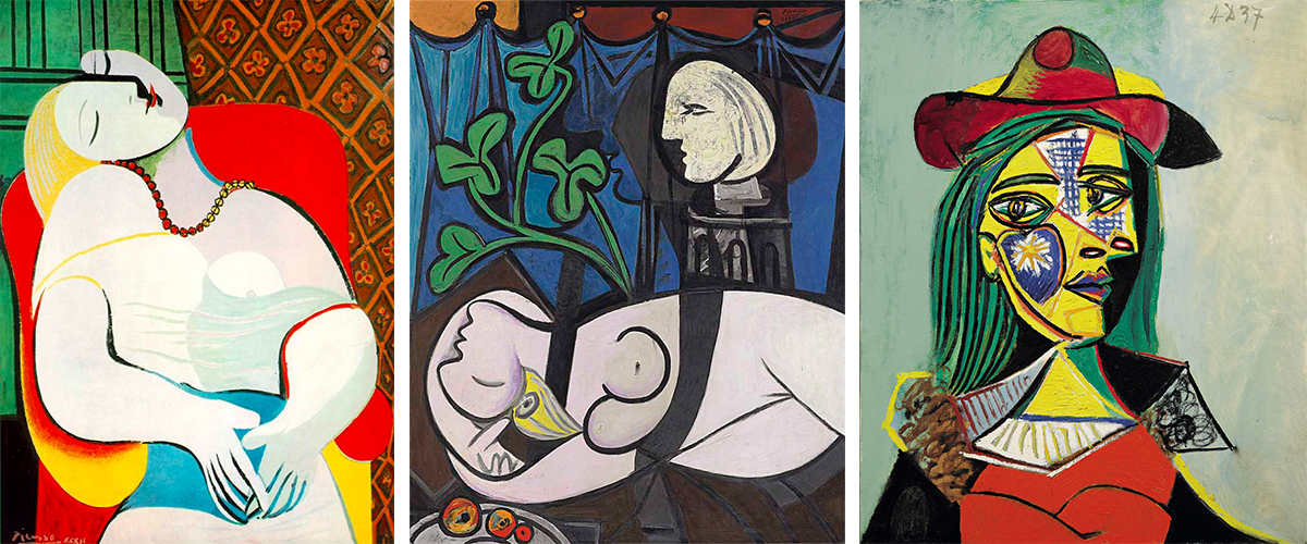 Картины Пабло Пикассо: Сон", "Обнажённая, зелёные листья и бюст", "Женщина в шляпе и меховом воротнике"